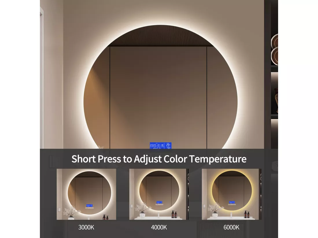 Miroir de salle de bain rond lumineux 100 cm,avec haut-parleur Bluetooth, avec affichage de la température et fonction désembueur, avec éclairage LED, réglage à six boutons, avec interrupteur tactile