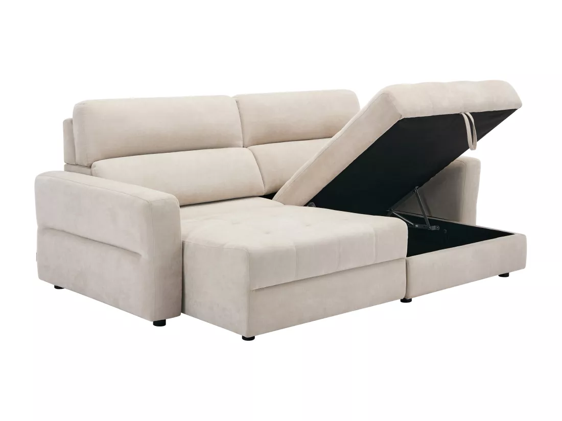 Canapé d'angle droit relax électrique avec assise coulissante en tissu beige OLMERIO