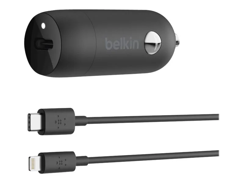 Belkin BoostCharge Car Charger - Bilstrømsadapter - 18 Watt - 3.6 A (24 pin USB-C) - på kabel: Lightning - sort