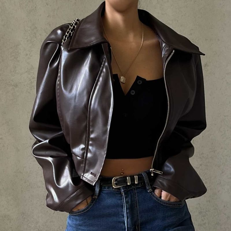 Bulgaris - Kunstleren cropped jack met kraag en rits