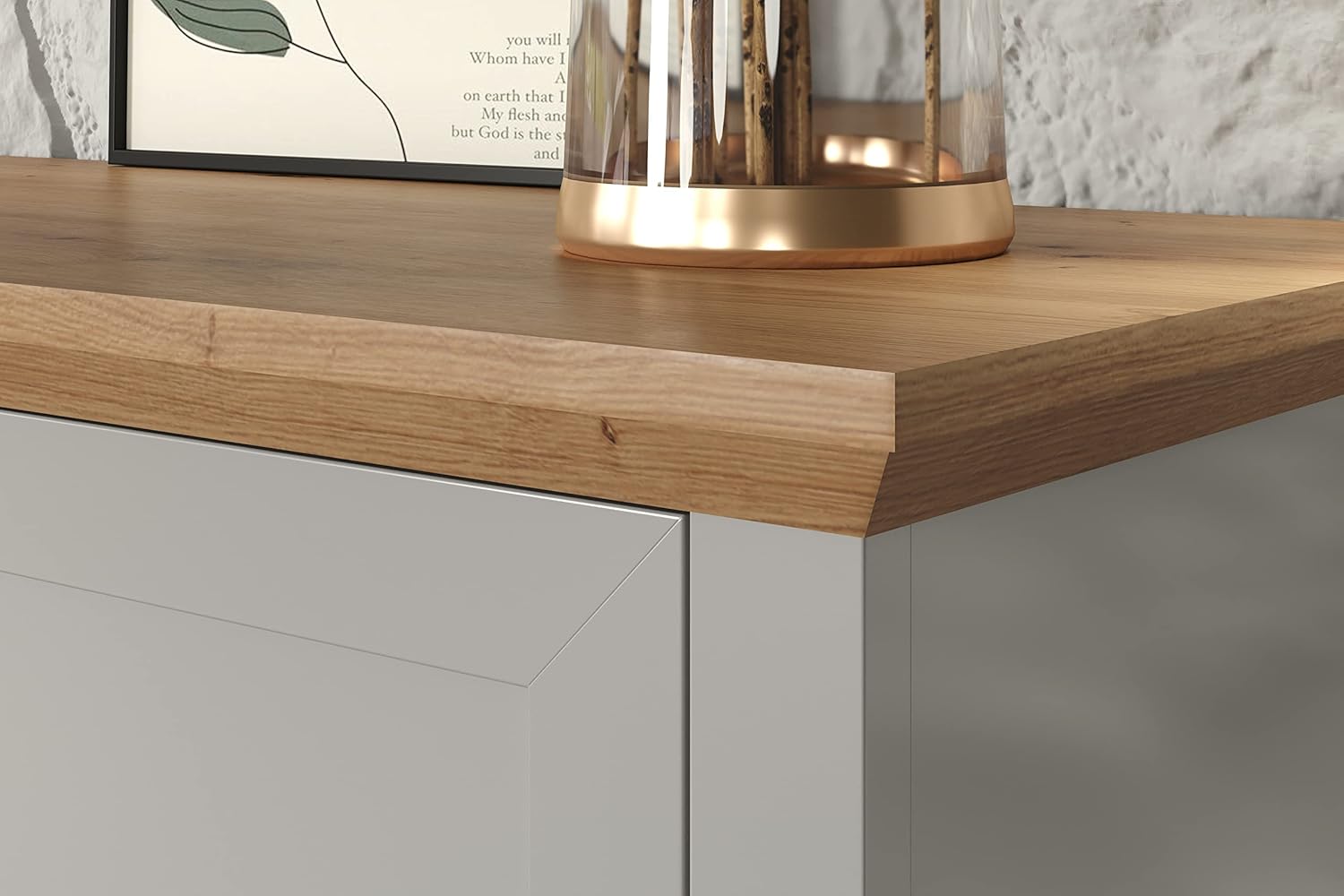 trendteam smart living - Landside - Vitrine - Hellgrau/Eiche - Standvitrine im Landhausstil - (BxHxT) 65 x 201 x 41 - elegante Knopf- und Muschelgriffe - 4 Fächer und 2 Schubladen - kratzfest