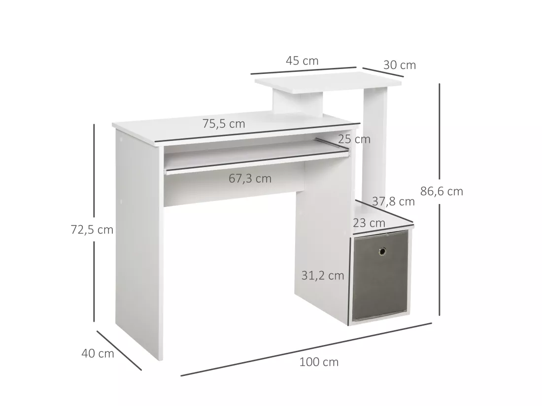 Bureau informatique multimédia étagères tablette clavier panier gris panneaux particules blanc