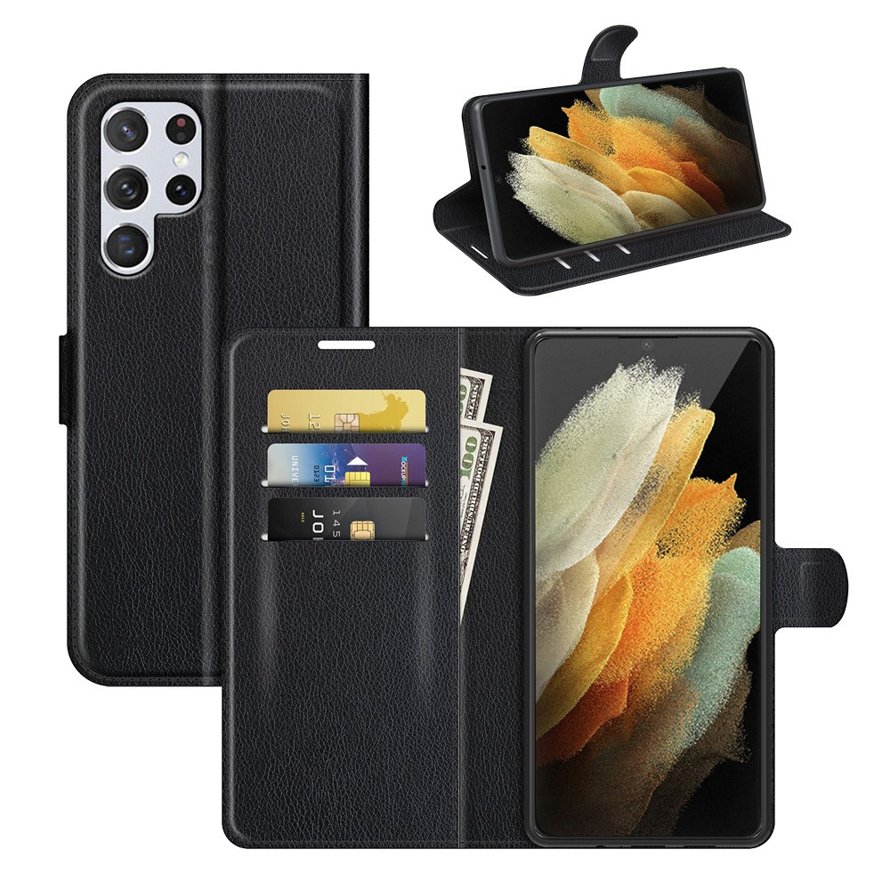 Samsung Galaxy S22 Ultra 5G Leder Tasche Flip Cover Litchi Look - Schwarz
