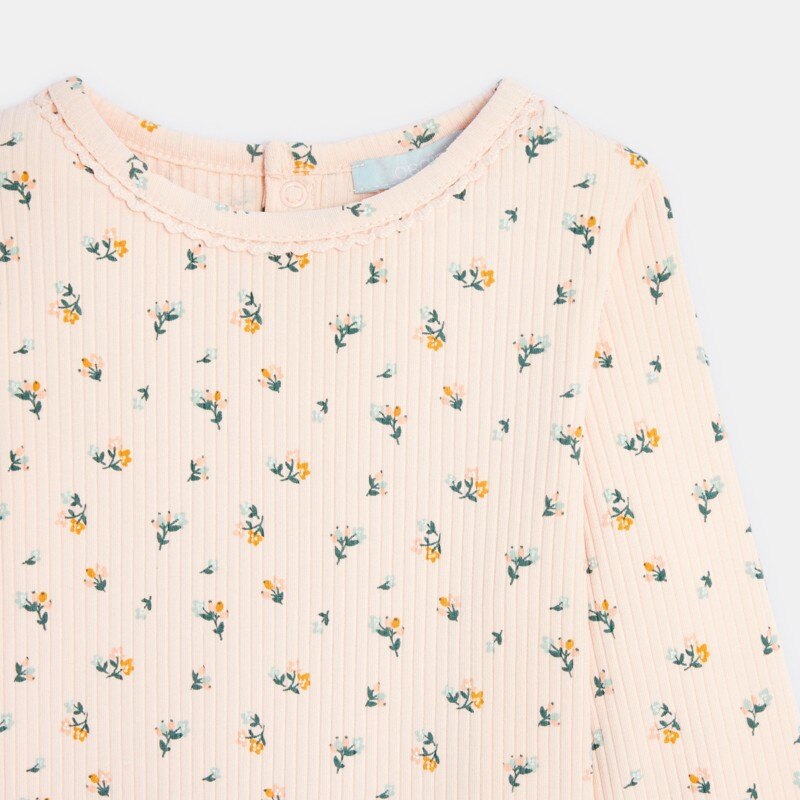 T-shirt fleuri coton côtelée rose bébé fille Rose