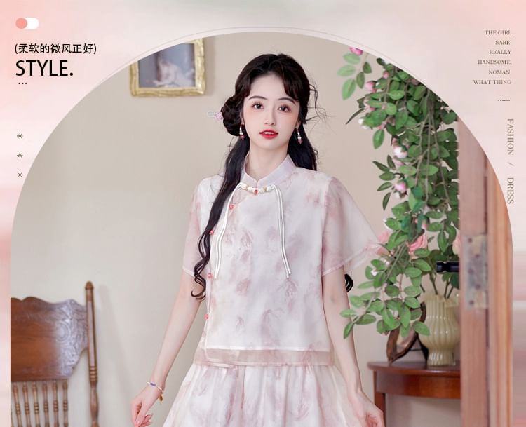 Fioridi - Hanfu-top met korte mouwen en bloemenprint, kikkerknoopjes en hoge taille, midi-A-lijn rok