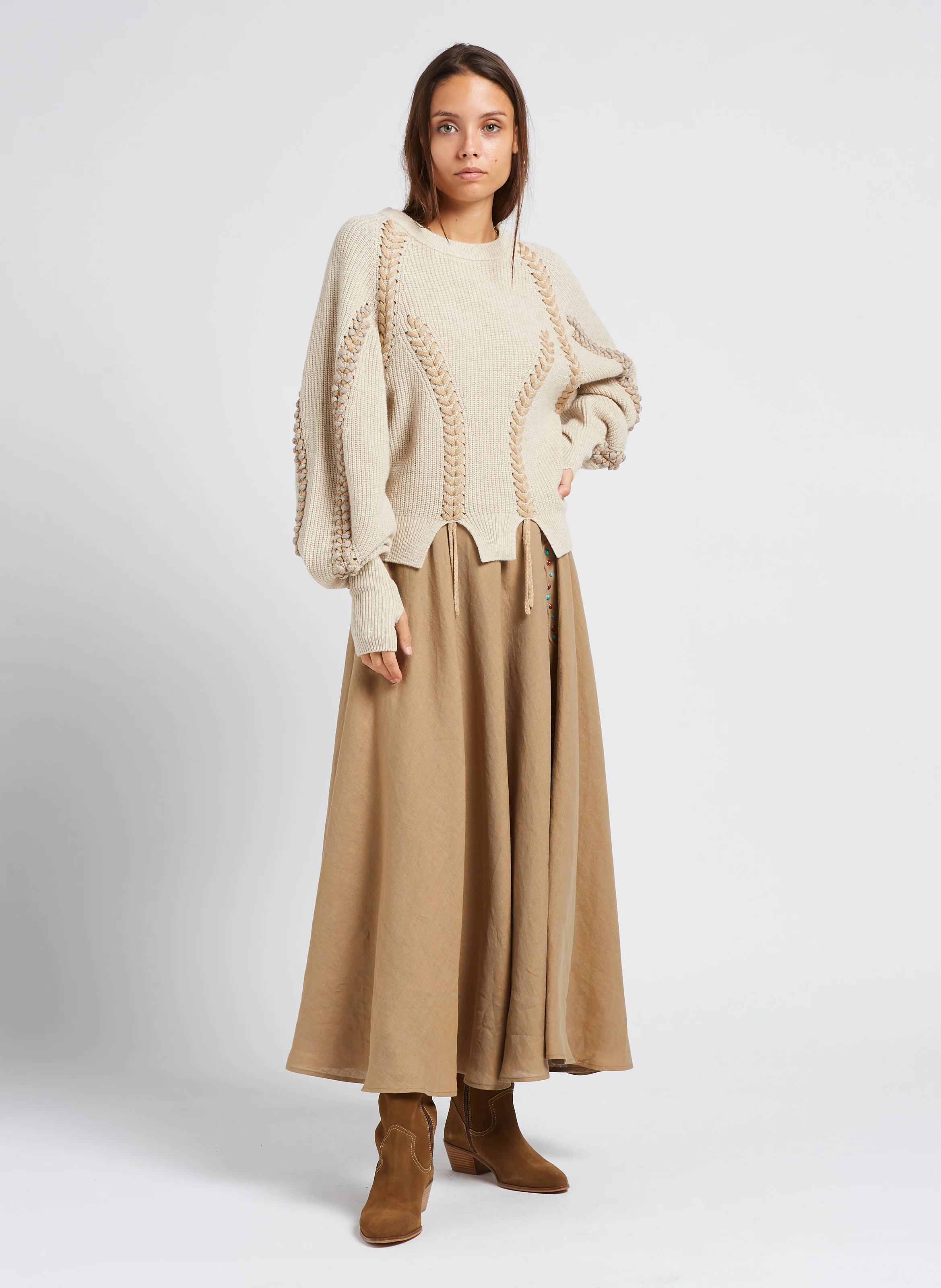 TAXAS - Jupe longue évasée en chanvre | Beige