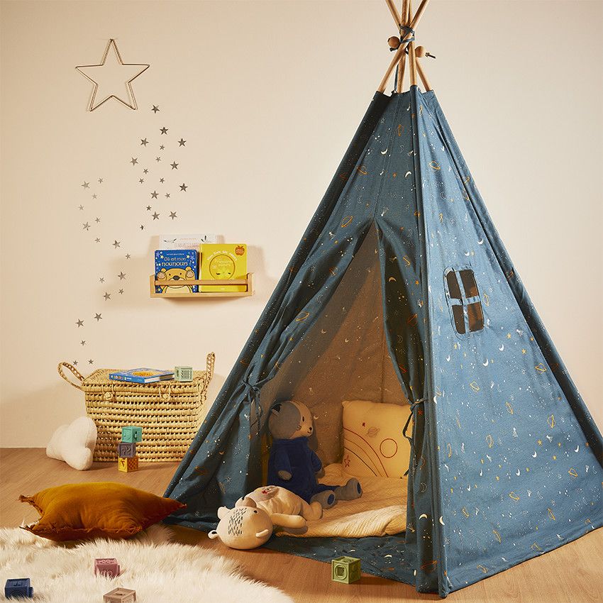Tipi en coton et bois imprimé constellation - Bleu marine