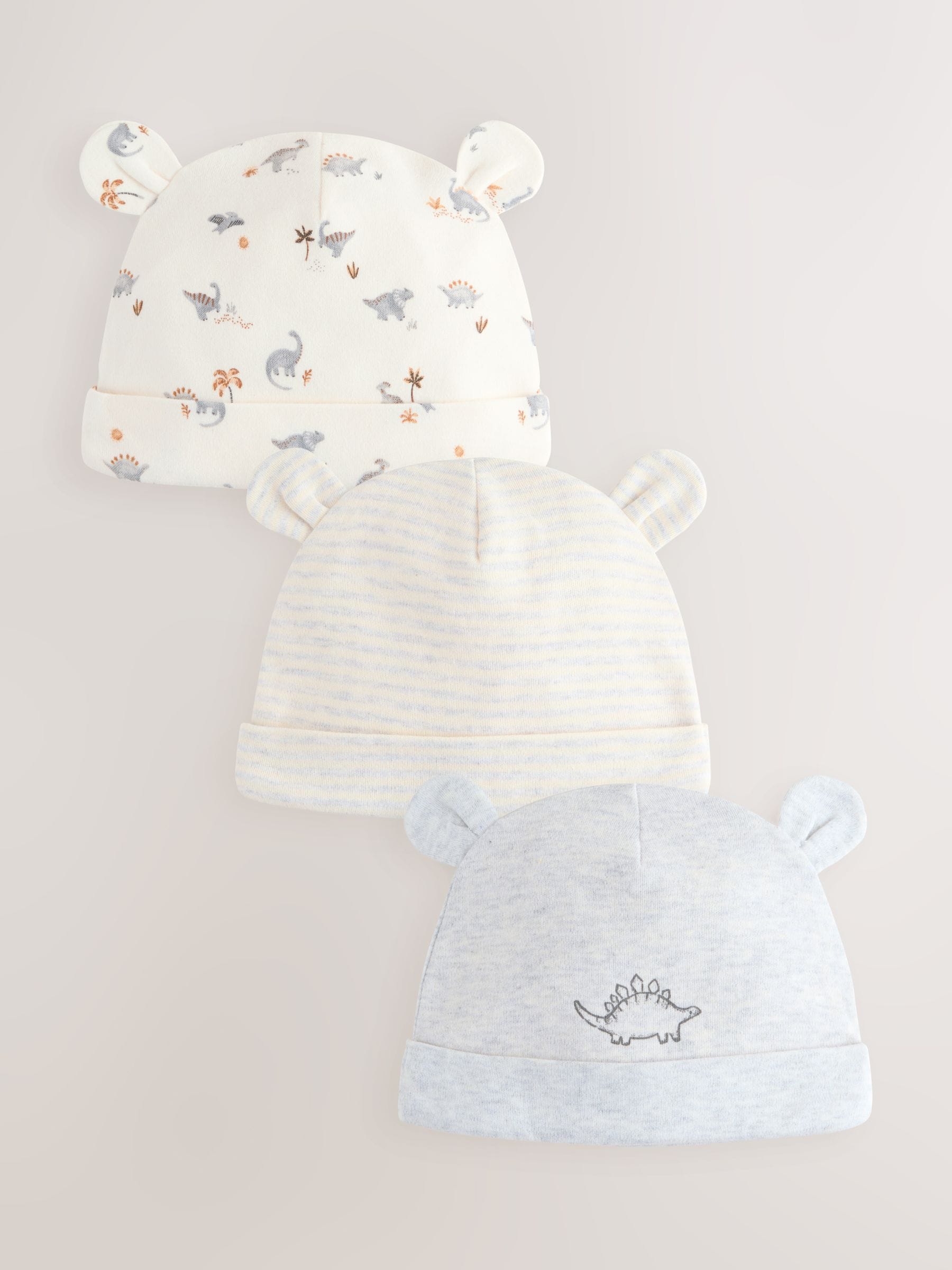 Grijs met dinoprint - Baby Beanie Mutsen 3 Set (0-18mnd)