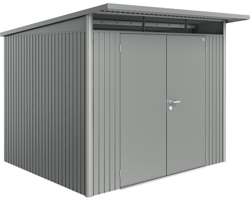 Biohort AvantGarde tuinhuis met dubbele deuren, formaat A6, inclusief plank en gereedschapshouder, 260 x 260 cm, kwartsgrijs metallic