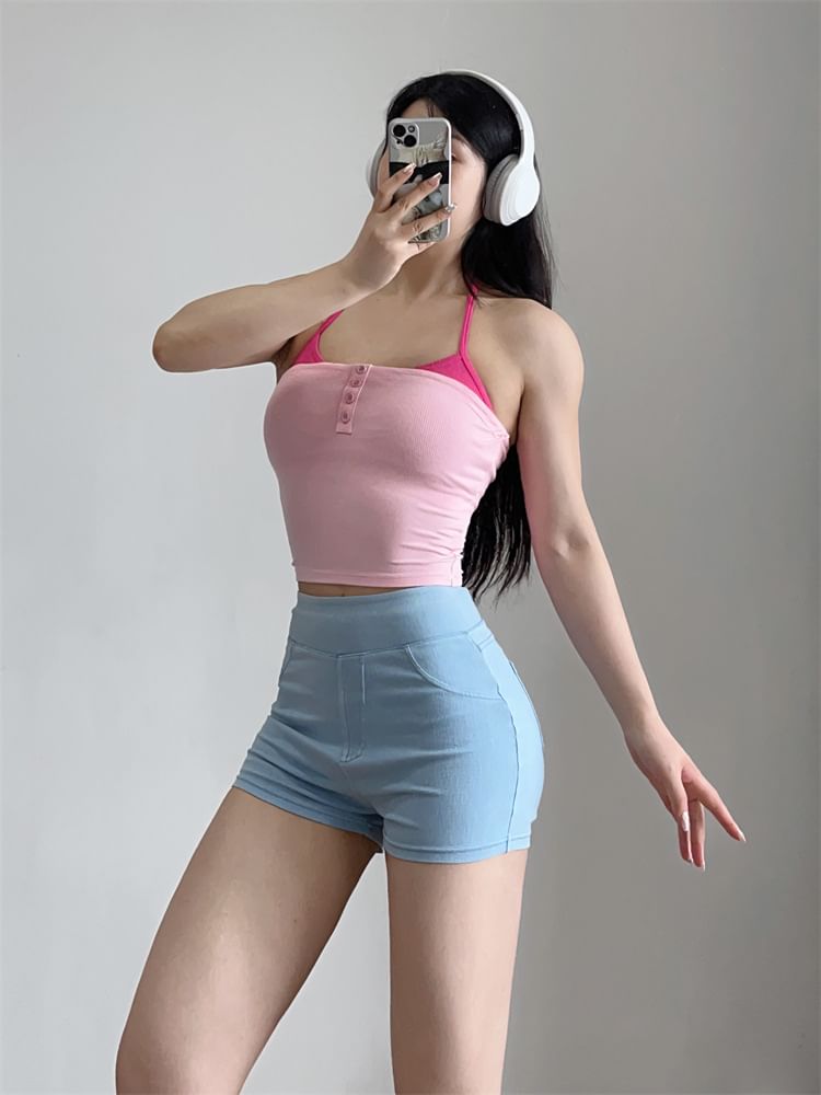 Arigne - Mock Two-Piece Halter Neck Two Tone Sports Top