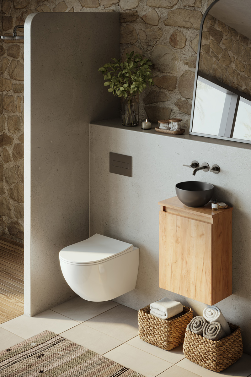 Fontana Bano toiletmeubel warm eiken 40x22cm met mat zwarte waskom