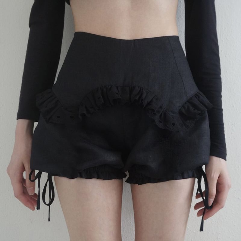 Honet - Hoge taille mini-shorts met kant, effen zijkanten en trekkoord