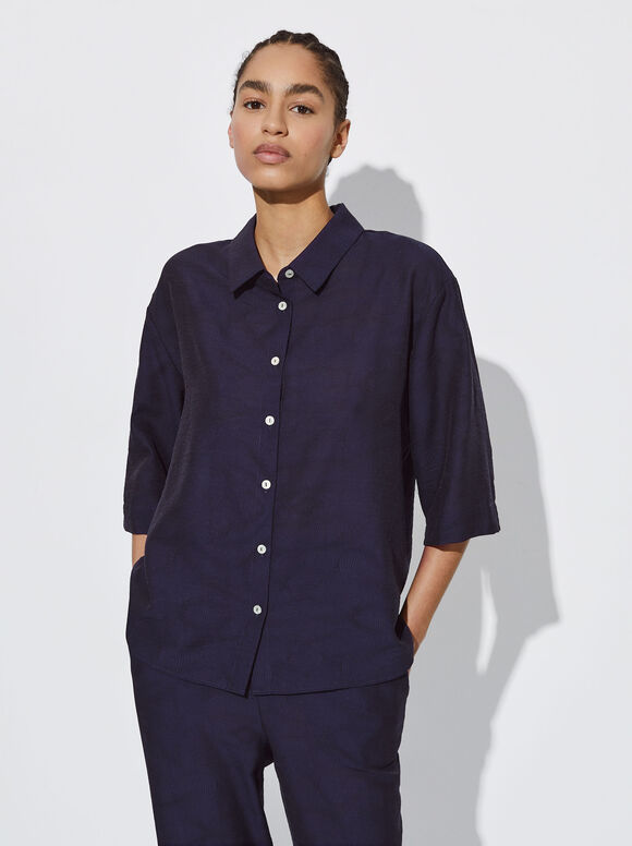 Camisa jacquard de manga curta - Azul marinho
