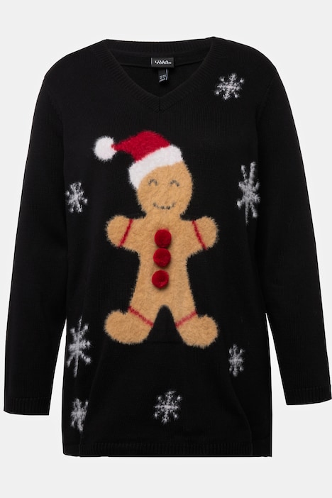 Weihnachts-Pullover, Lebkuchenmann, V-Ausschnitt, Langarm