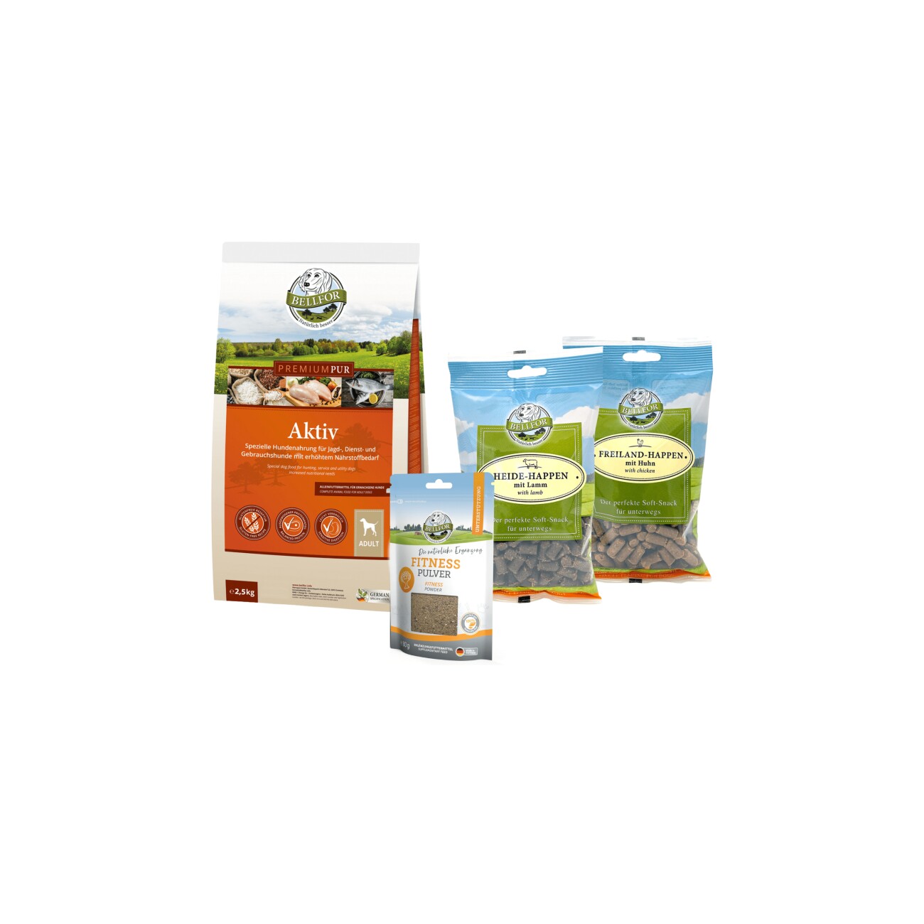 Bellfor Futterset für körperlich aktive Hunde - Premium PUR Aktiv + Fitness Pulver + Soft-Snacks 2,980 g