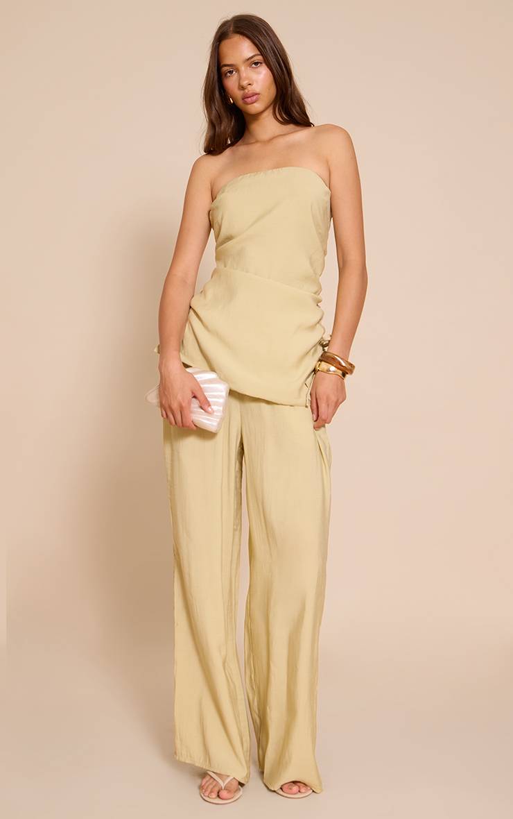 Sage Khaki Haut Bandeau Froncé En Tissu Tissé