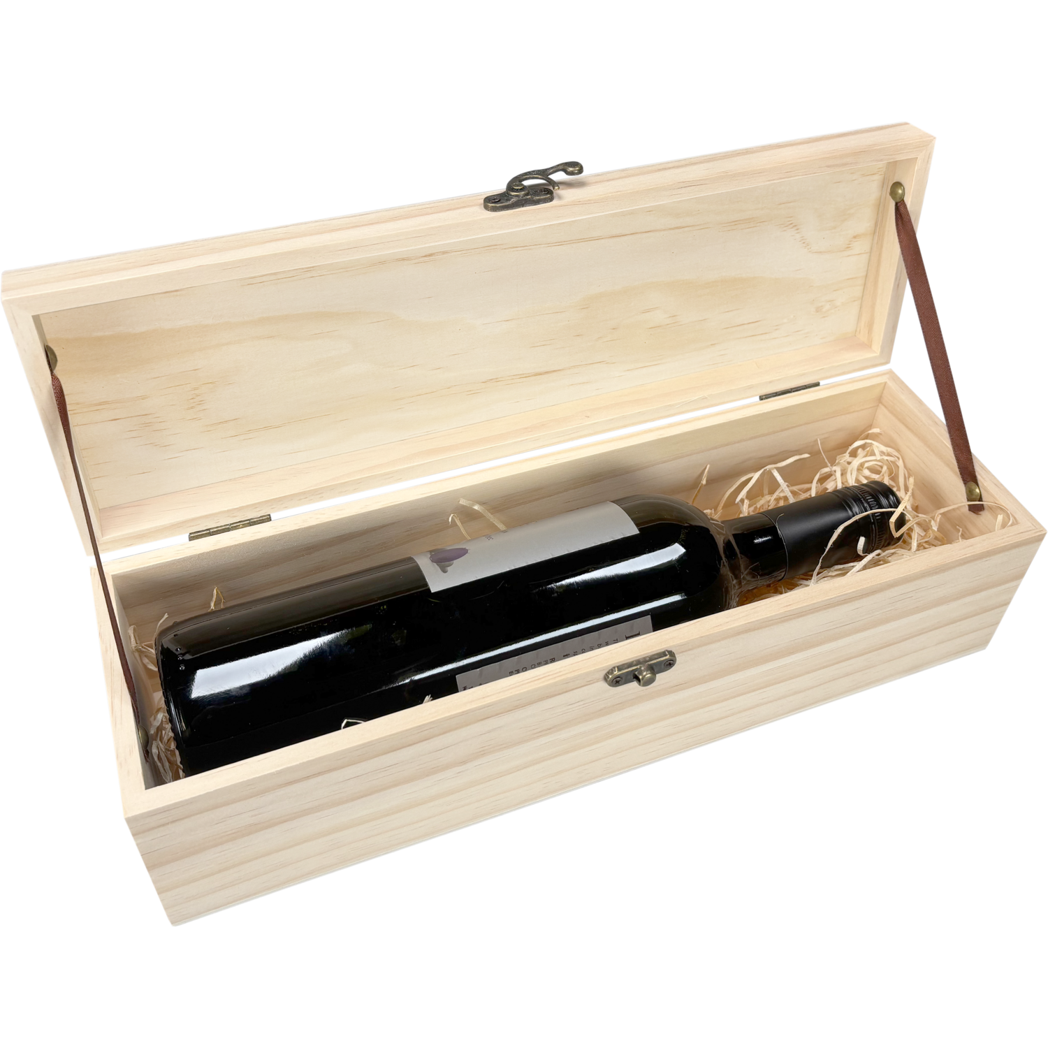 Wijnkist, 1 fles, scharnierdeksel, 340x95x95mm, hout, naturel