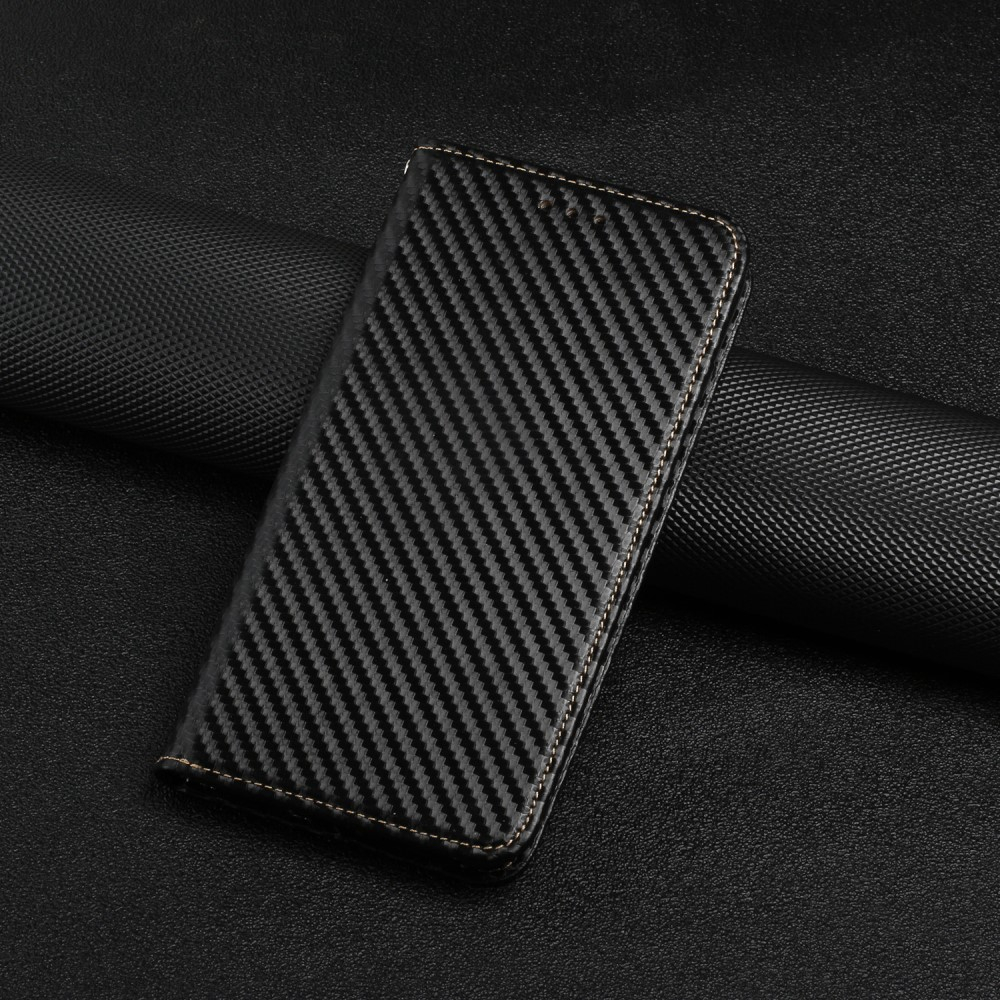 iPhone 15 Pro Max Leder Tasche Flip Cover Carbon Look - Schwarz