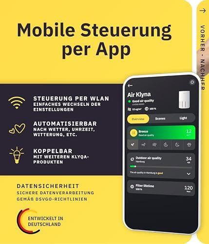 Luftreiniger Allergiker Pet HEPA H13 + Filter-Kit Air Klyna S I 300 CADR, 21,5 dB, Smart App, Alexa, Siri, Google Assistant I Ersatzfilter für Allergiker & Tierbesitzer I Server in DE