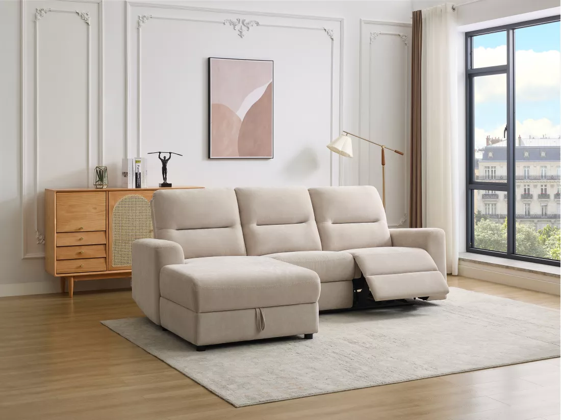 Canapé d'angle gauche relax électrique avec rangements en tissu beige BURIOCA