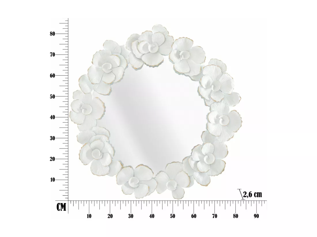Miroir Rond Métallique Blanc avec Fleurs Dorées et Détails Élégants – Miroir Décoratif Glamour pour Intérieur 82x2,6x85,5 cm