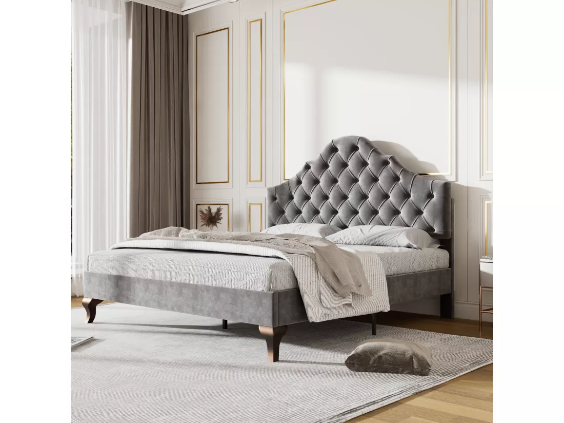 Lit avec tête de lit réglable pour adulte - 140 x 200 cm - velours - style scandinave - gris