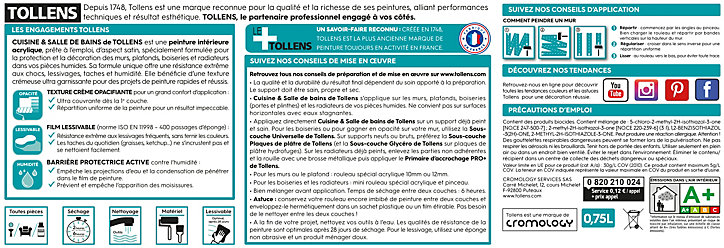 Peinture murs et plafonds Cuisine et bains satin vert tendre Tollens 0,75 L
