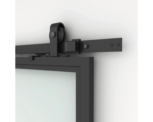 Pertura glazen schuifdeur complete set Neta Industrial 920x2050x8 mm Links/Rechts incl. beslag Blar staal gepoedercoat zwart, soft-close mechanisme, verzonken handgreep