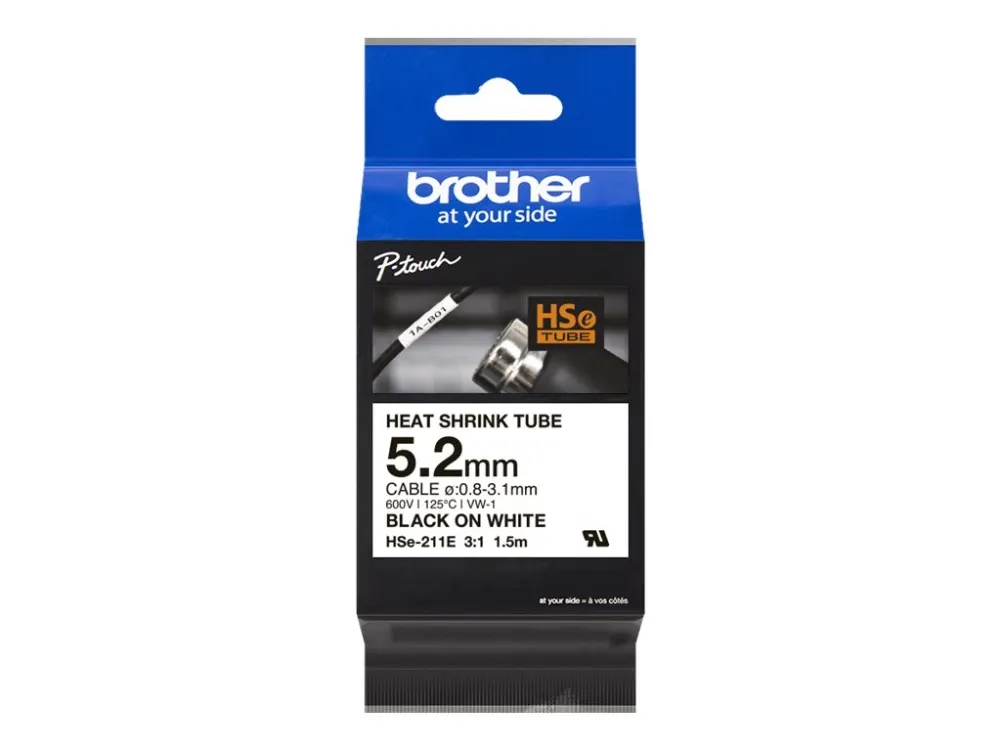 Brother HSe-211E - Sort på hvid - Rulle (0,52 cm x 1,5 m) 1 kassette(r) hængekasse - varmekrymperørtape - for P-Touch PT-D800, PT-E300, PT-E310, PT-E550, PT-P700, PT-P750, PT-P900, PT-P950