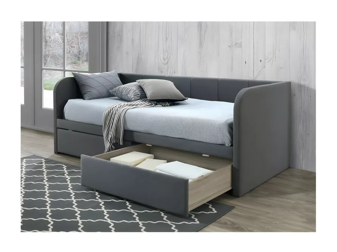 Canapé lit avec deux tiroirs collection ZITO 90x200 cm coloris gris, sommier inclus.