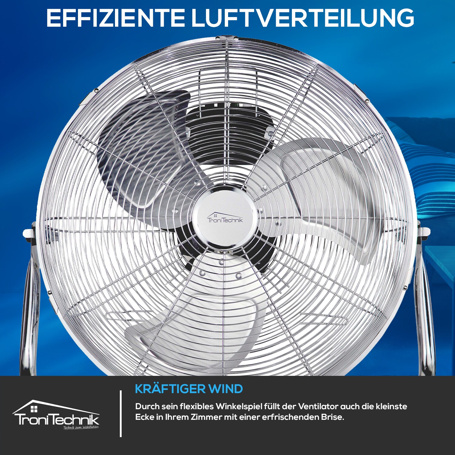 TroniTechnik® Bodenventilator Windmaschine mit drei Geschwindigkeitsstufen 100W, verstellbar ?45cm