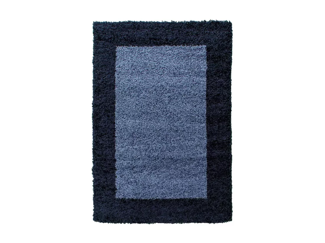 Tapis poils longs shaggy Ø200cm rond tissé bleu et bleu foncé motif simple