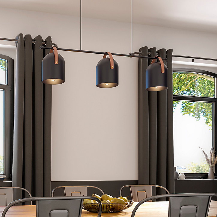 Suspension 3 lampes Hayott noir E27 15W IP20 L.75 x H.120 cm