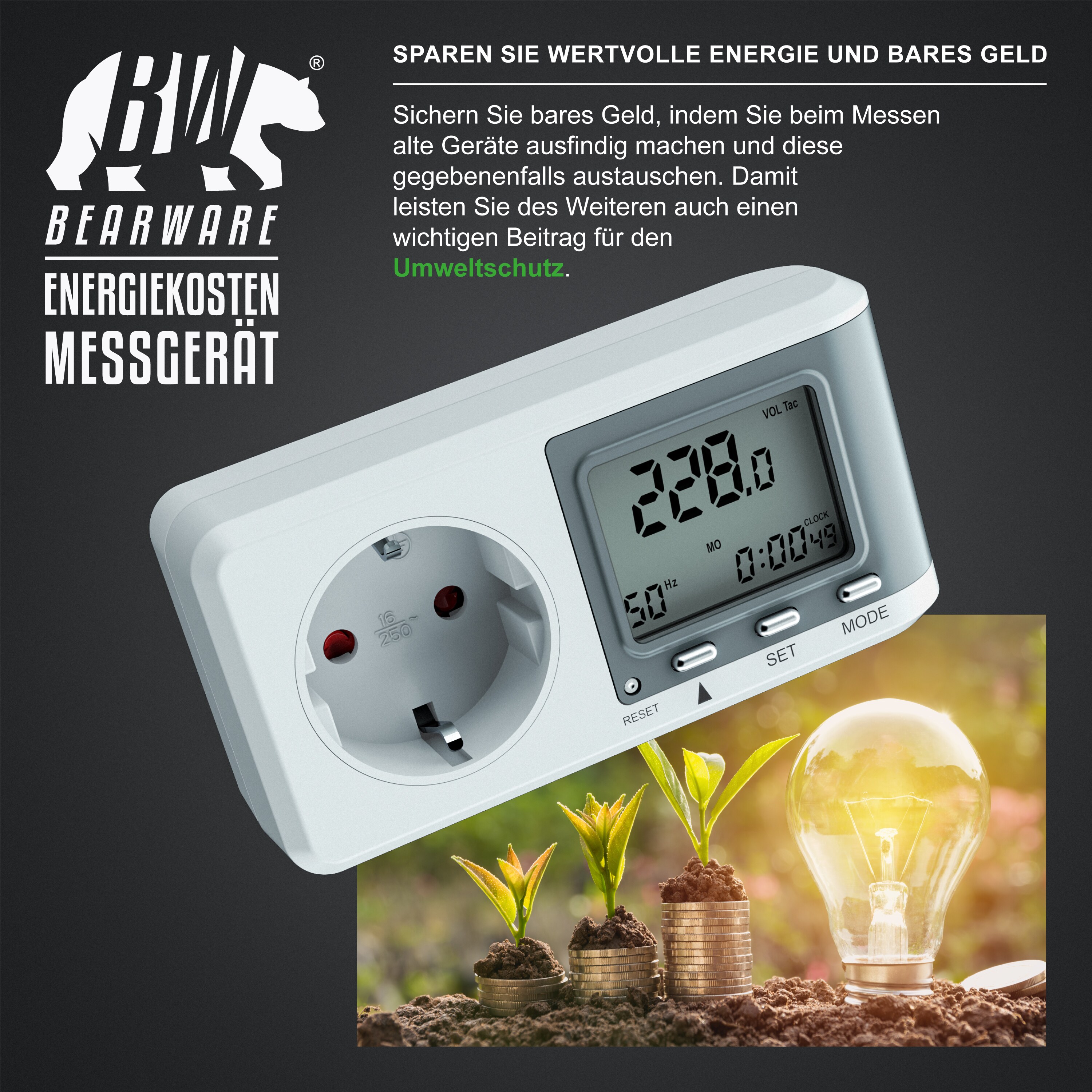 BEARWARE Energiekostenmessgerät - Stromverbrauchszähler, Energiekosten Anzeige - Stromzähler - 3680W - Energiemessgerät