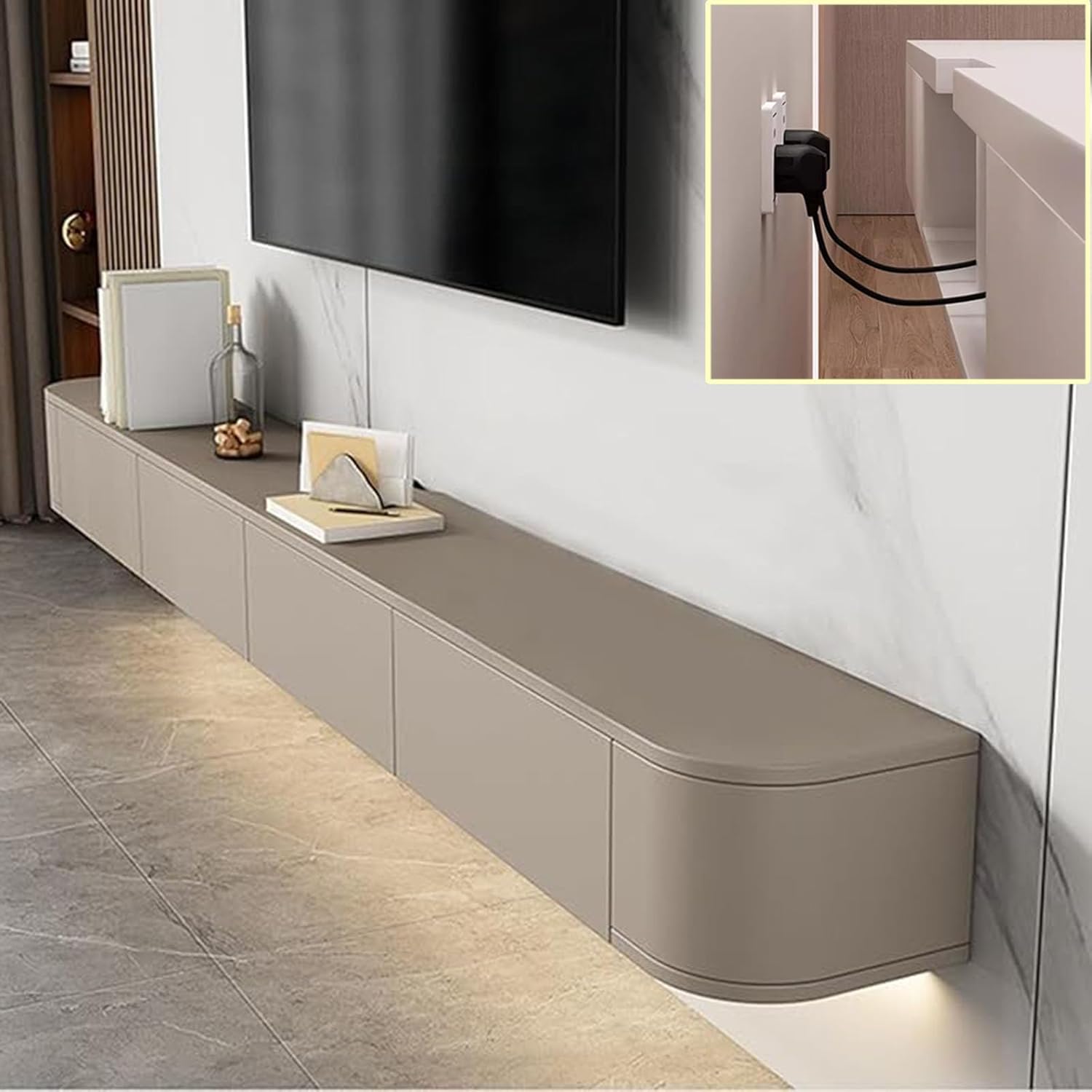 TV Multimedia Konsole Floating TV Board - TV-Möbel Wand - Große Sitzbank unter TV - Lowboard mit Schubladen und Routerhalterung (Khaki, 140 x 20 x 24 cm)