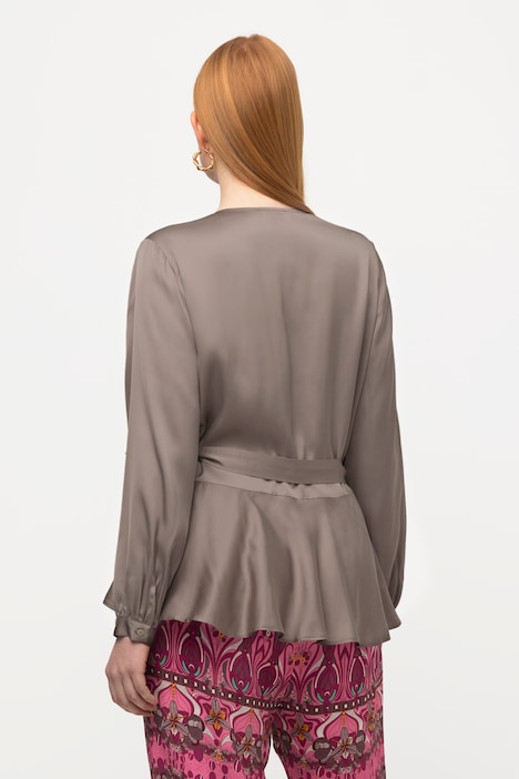 Wickelbluse, Satin, Schößchen, V-Ausschnitt, Langarm