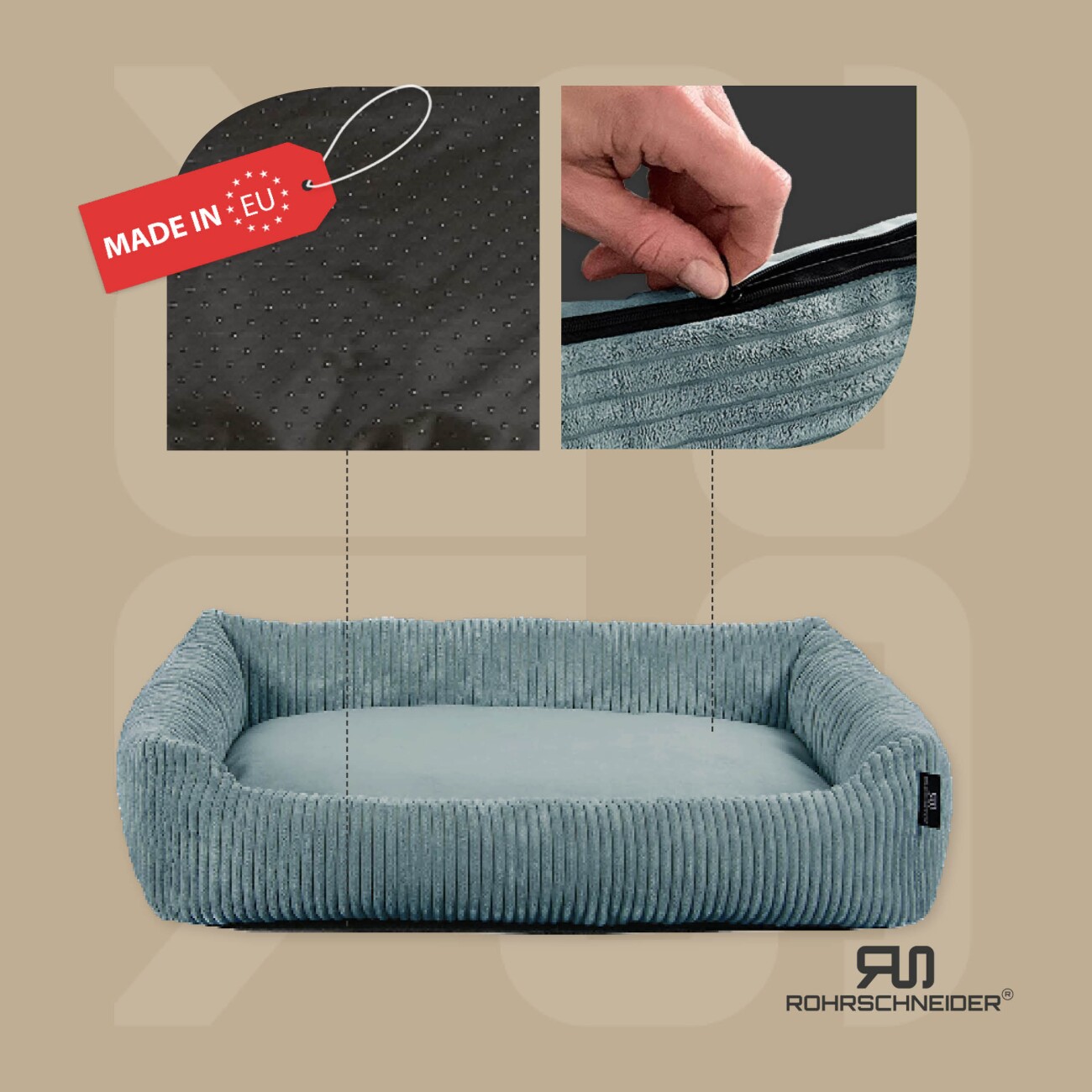 Rohrschneider Hundebett waschbar, robuster Breit-Cordstoff mit Gratis-Beigabe