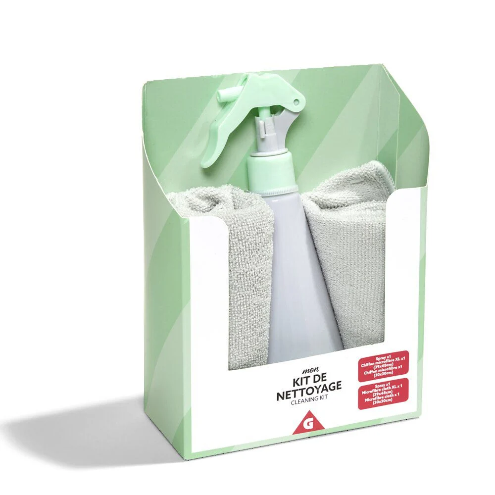 Kit de nettoyage bouteille Ø7xH20cm avec 2 torchons 48x39cm et 30x30cm