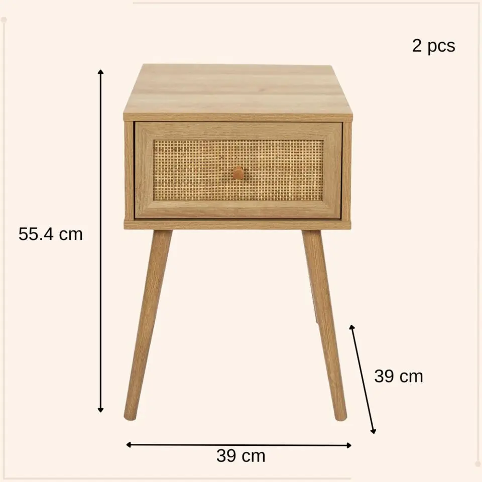 MISOU Nachtkastje Met Lade Set van 2 Rotan Webbing Hout