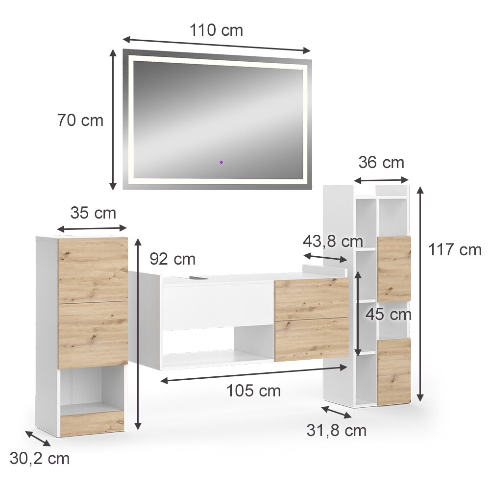 Vicco Badmöbel-Set Alf, Weiß Artisan Eiche, Badezimmer, moderne Badserie, Waschtischunterschrank, LED-Spiegel, Midischrank, Hochschrank