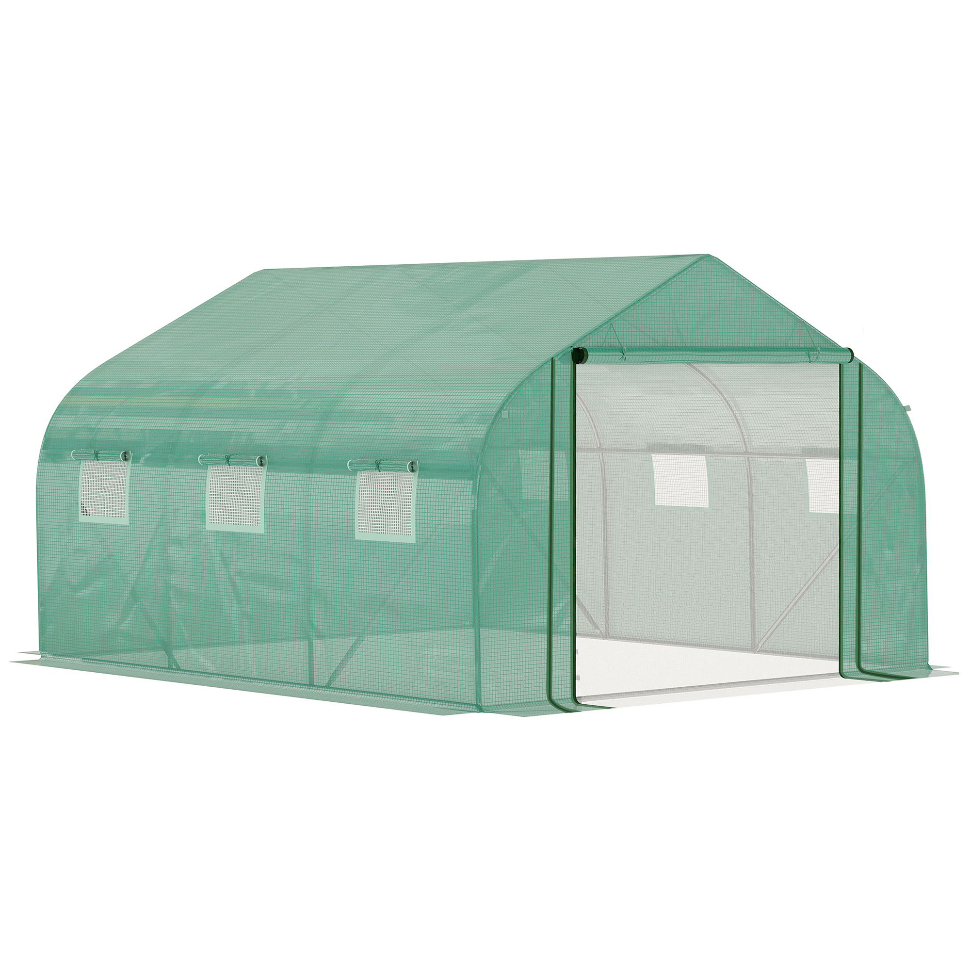 Estufa túnel verde Outsunny com porta e 6 janelas de enrolar para o cultivo de plantas e flores.