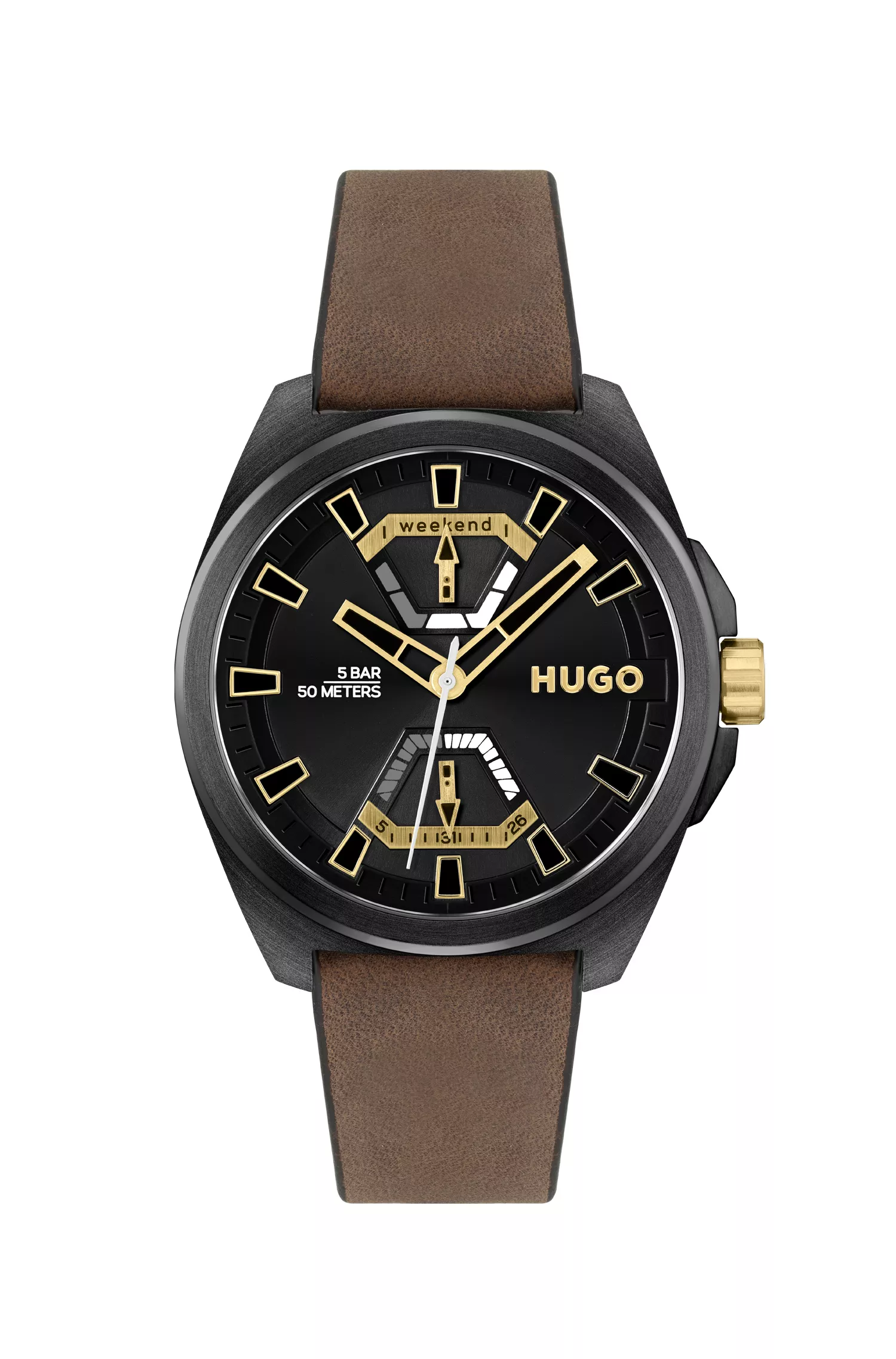Relógio HUGO com revestimento em vermelho e preto e pulseira de couro marrom.