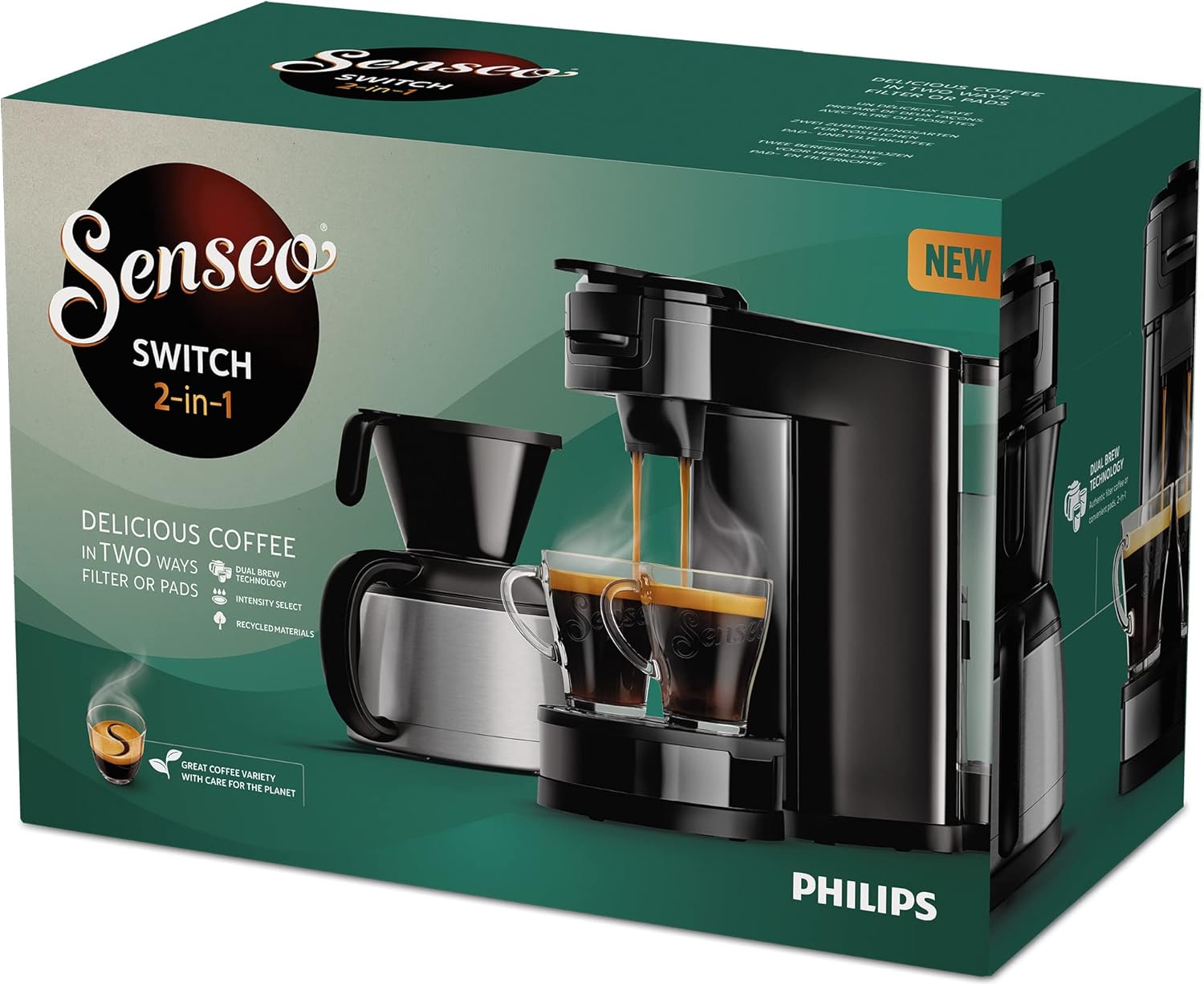 Philips Senseo Switch Pad- und Filterkaffeemaschine, 2-in-1-Brühtechnologie, 1-Liter-Wasserbehälter, 7 Tassen in einem Durchgang, Klavierlackschwarz (HD6592/64)