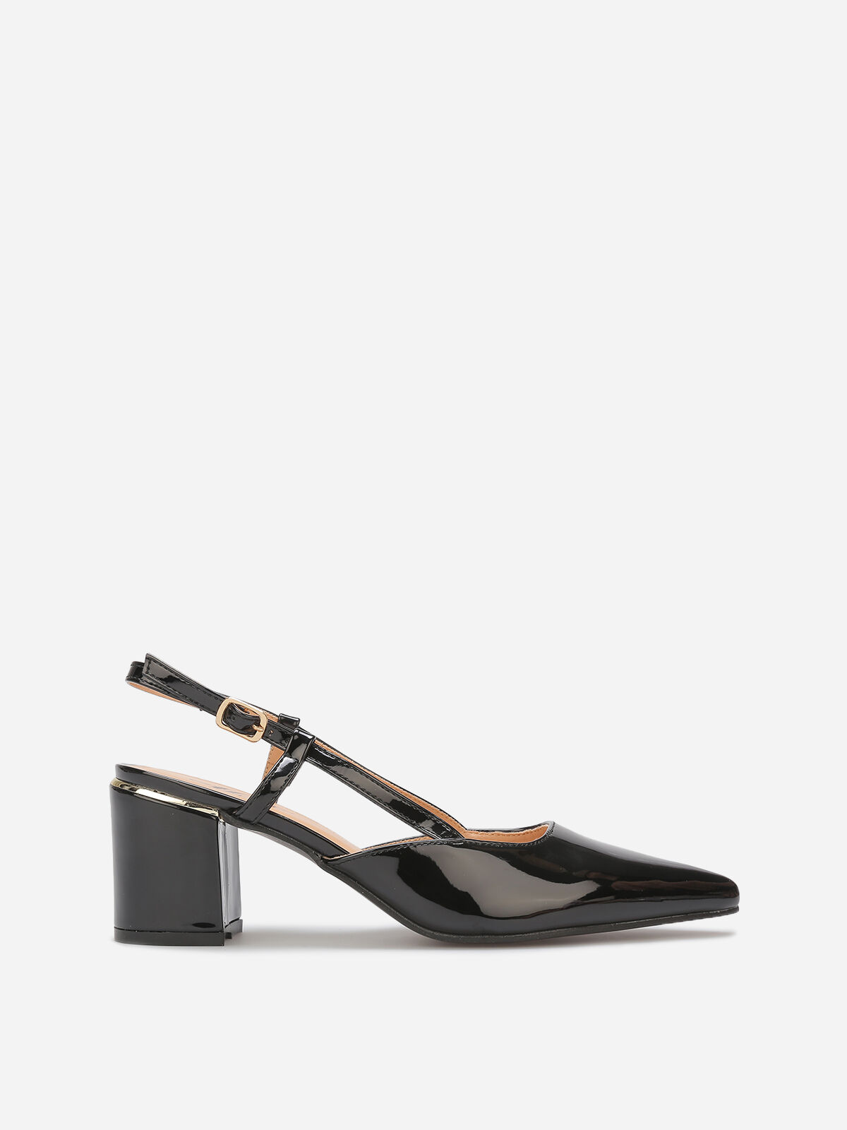 Escarpins slingback vernis à détails dorés- Noir