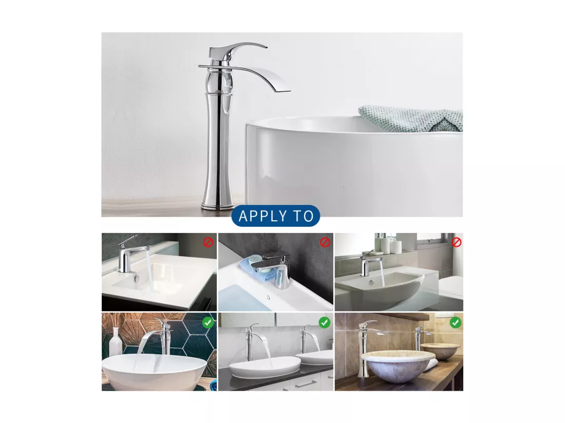 AuraLum Max 2pcs Mitigeur Lavabo Cascade Robinet Monocommand pour Lavabo et Vasque,Haute Bec pour Vasque à Poser -en Laiton,Chromé,EU Modèle