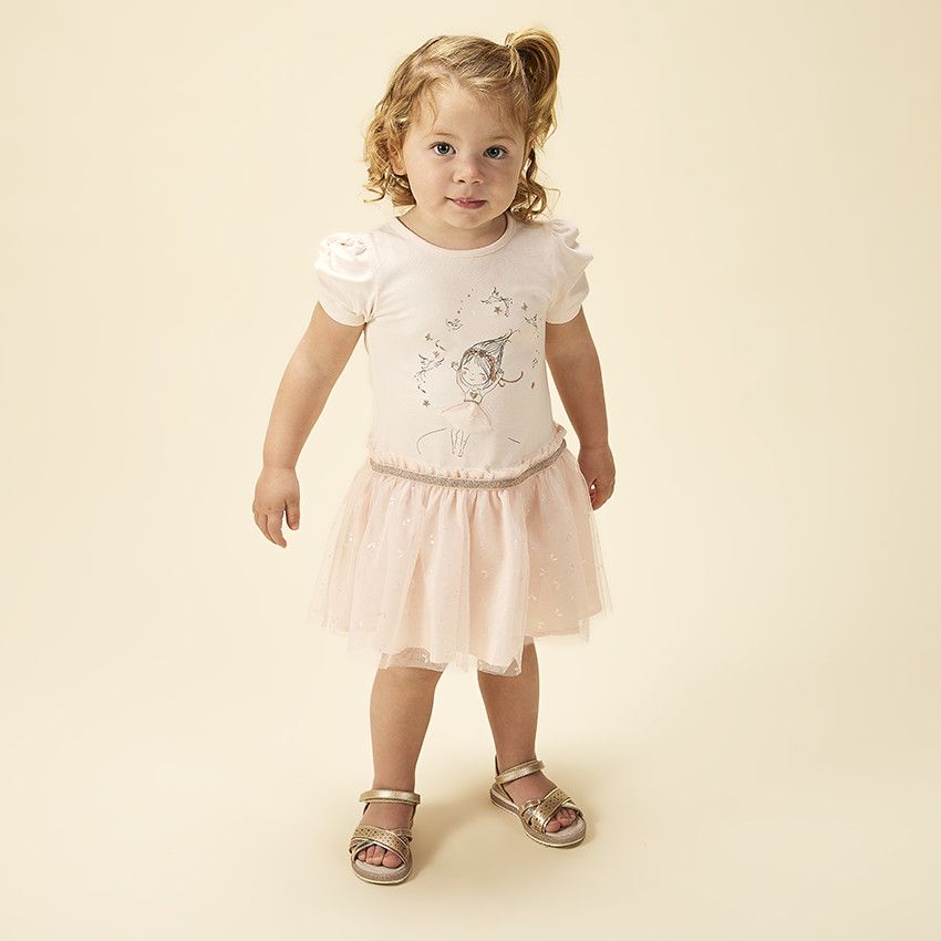 Robe effet 2 en 1 à tulle imprimé papillons pour bébé fille - Rose