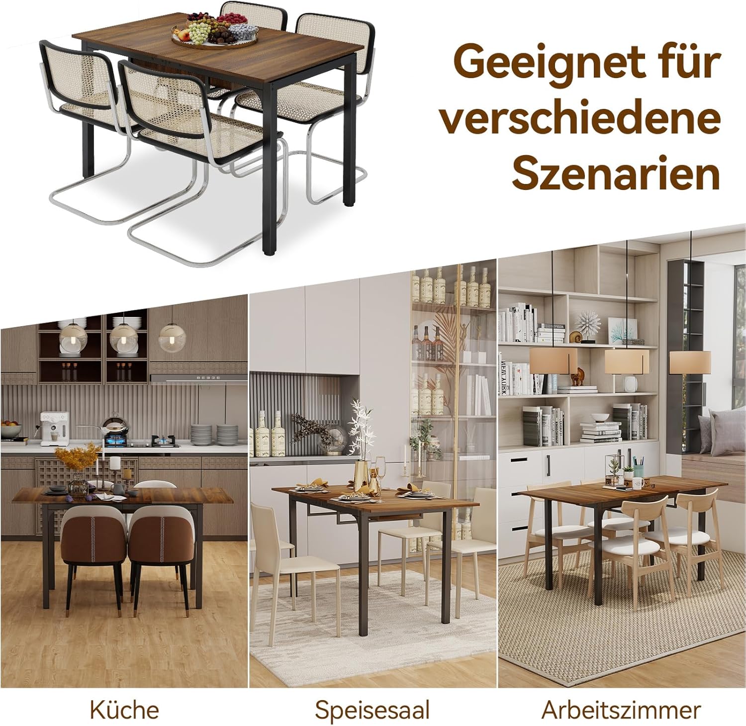 ARTETHYS Esstisch Ausziehbar 110/149x70 cm, Moderner Küchentische Esszimmertisch, Rechteckiger Tischplatte für 4-6 Personen, Holztisch mit Metallbeinen, Tisch für Esszimmer, Küche, Wohnzimmer