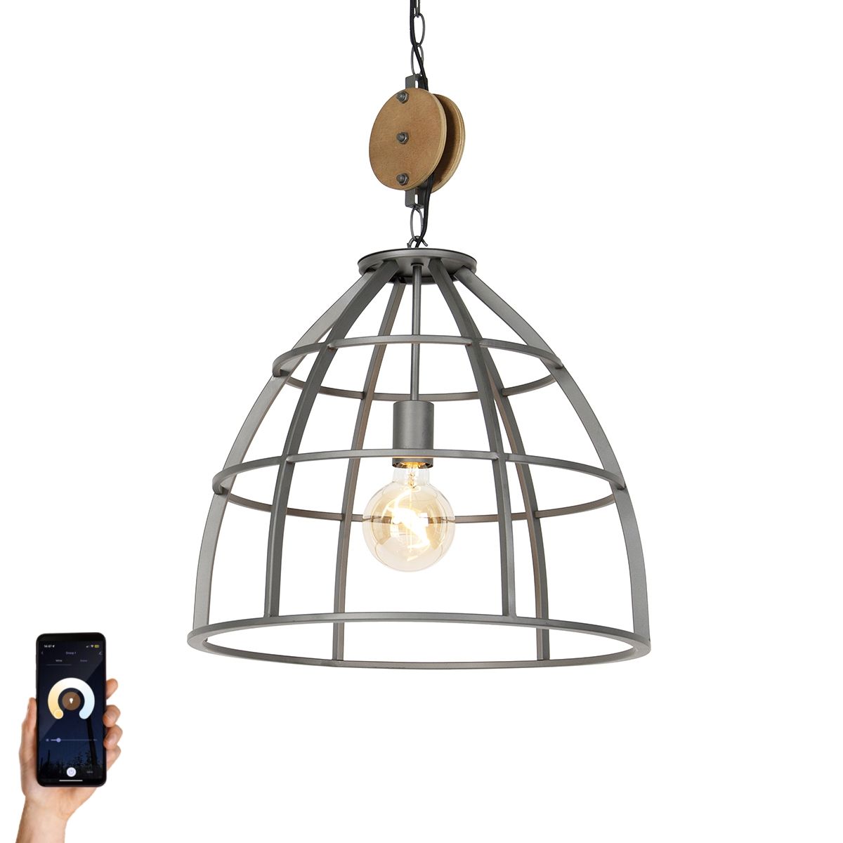Smart hanglamp donkergrijs met hout 47 cm incl. Wifi G95 - Arthur