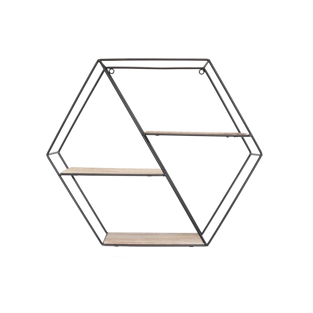 Wandplank van zwart metaal, 3 houten planken – hexagon diagonaal