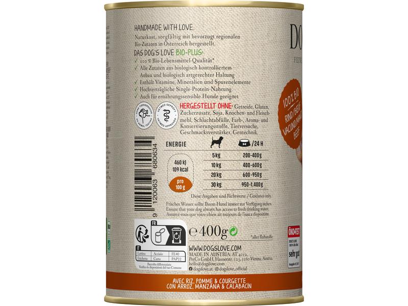 Dog's Love Nassfutter BIO Adult Rind, 400 g Alleinfuttermittel für ausgewachsene Hunde